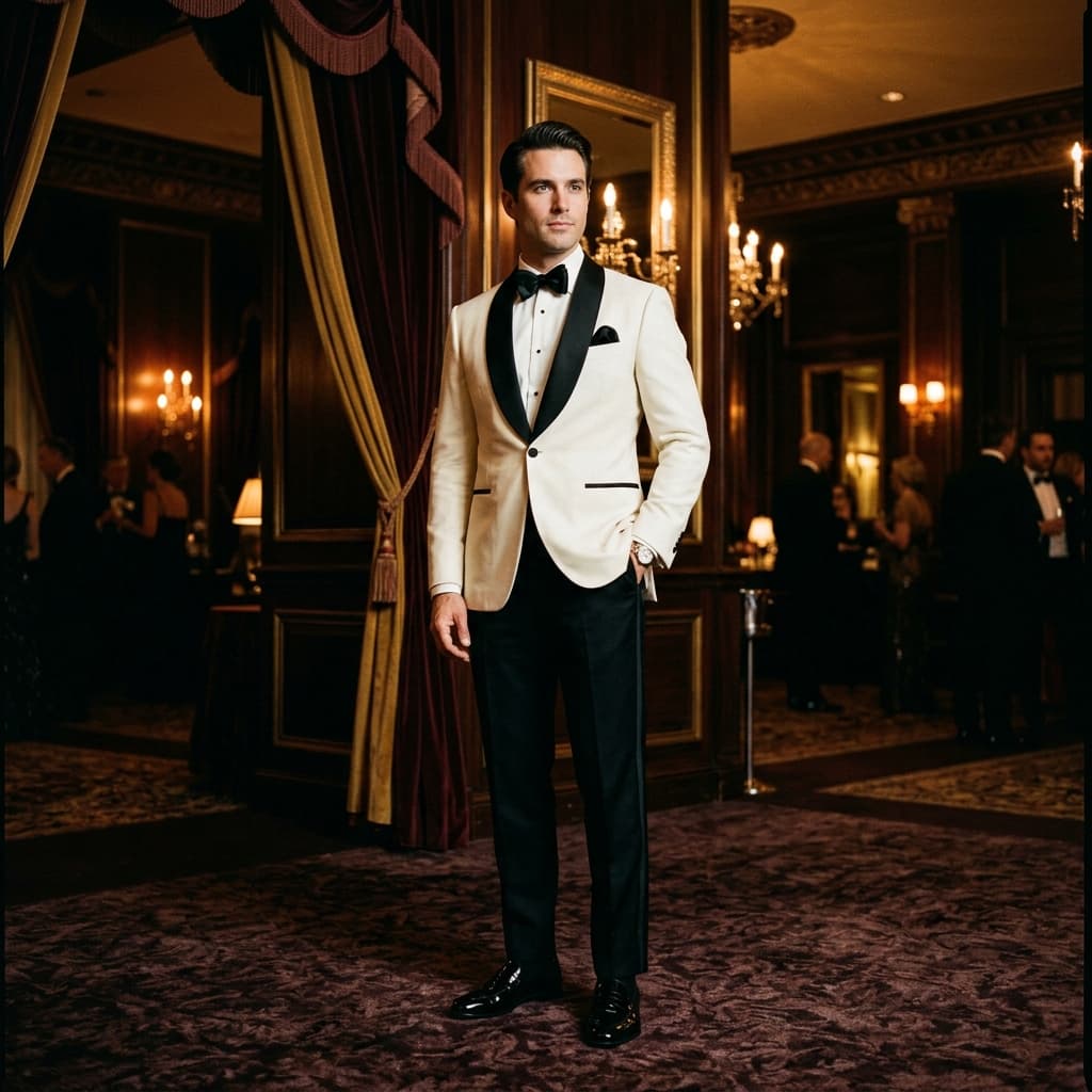Ivory dinner jacket styled for eveningwear